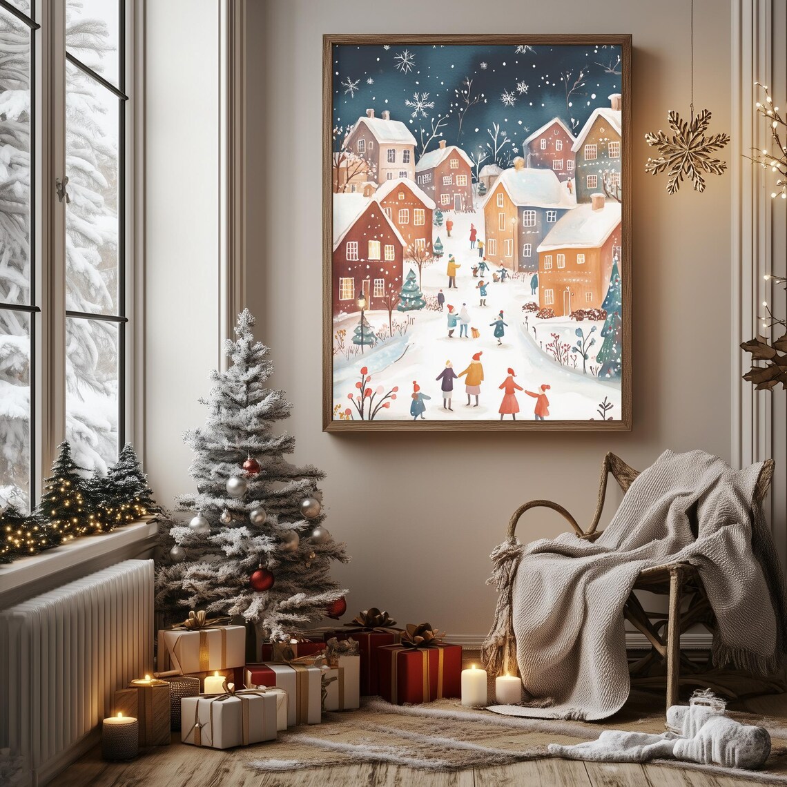 Snowy Village Night Scene Watercolor Christmas Town Holiday Poster - Image 3