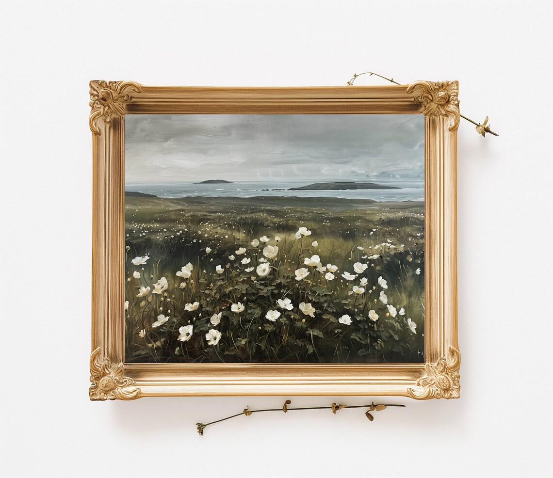 White Wildflowers Coastal Hills Sea View Moody Gray Sky Art Poster - Image 3
