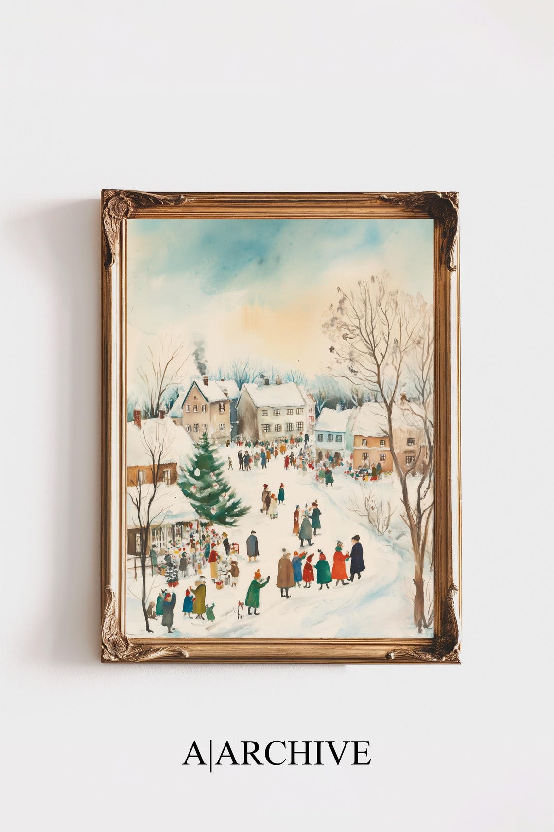 Christmas Village Square Winter Scene Watercolor Holiday Poster