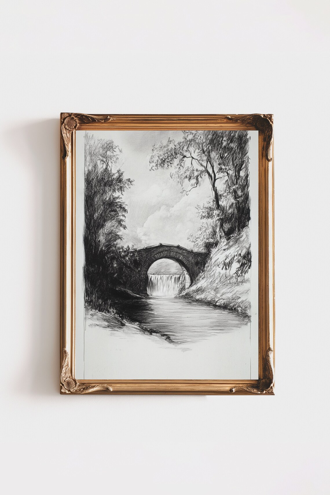 Vintage Etching Landscape Sketch, Bridge And Trees - Image 2