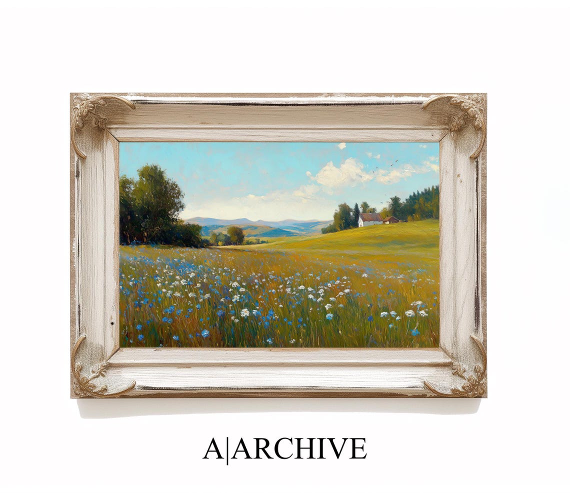Blue White Flower Field Farmhouse Hillside Summer Scene Poster