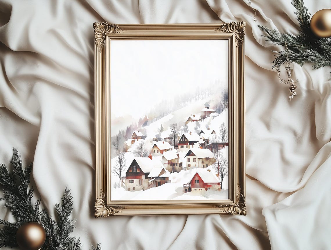 Misty Winter Village Hillside Scene Watercolor Snowy Christmas Poster - Image 2