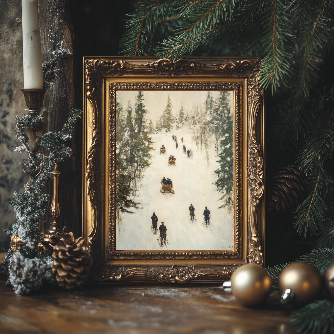 Vintage Winter Sleigh Ride Snowy Forest Path Impressionist Oil Poster - Image 4