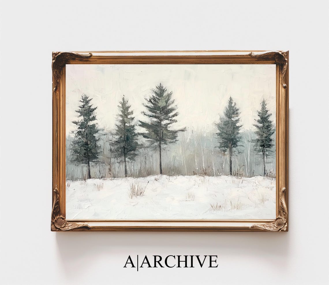 Five Pine Trees Snowy Meadow Pale Gray Sky Calm Winter Art Poster