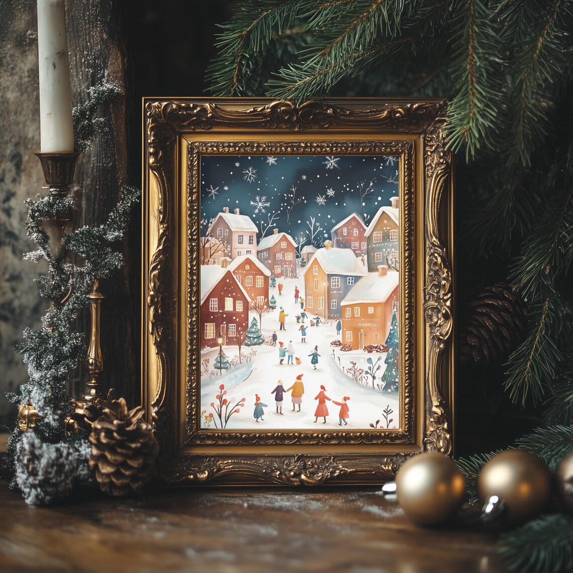 Snowy Village Night Scene Watercolor Christmas Town Holiday Poster - Image 4