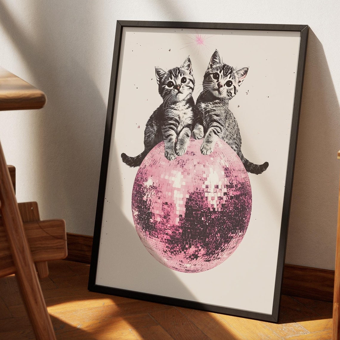 Two Tabby Kittens On Pink Disco Ball Collage Poster Sparkle Cats - Image 4