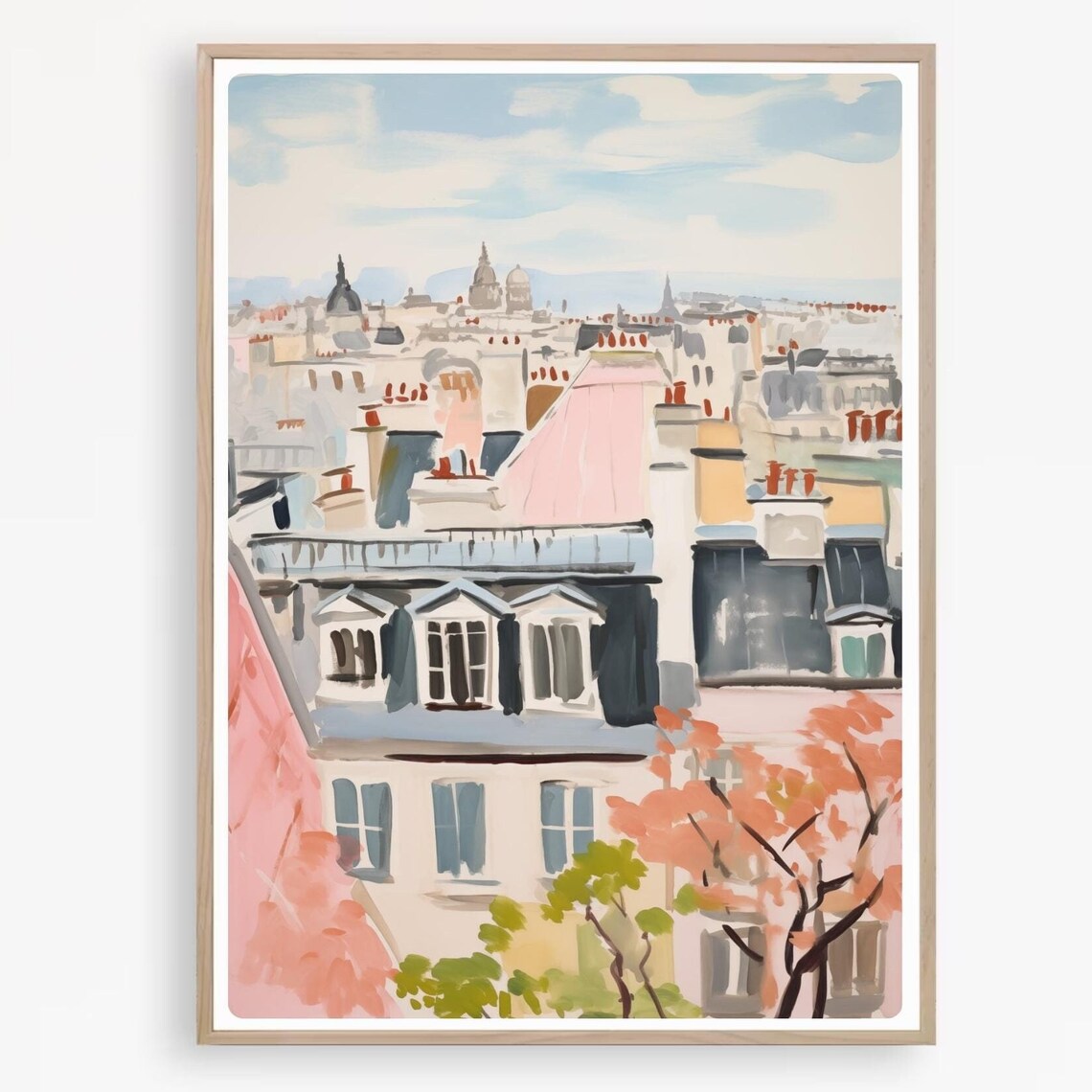 Paris Rooftops Over Montmartre With Pink Blossom Watercolor Poster