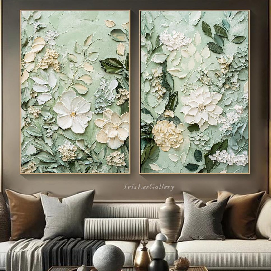 Sage Green 3D Floral Diptych White Blooms Textured Botanical Wall Art - Image 4
