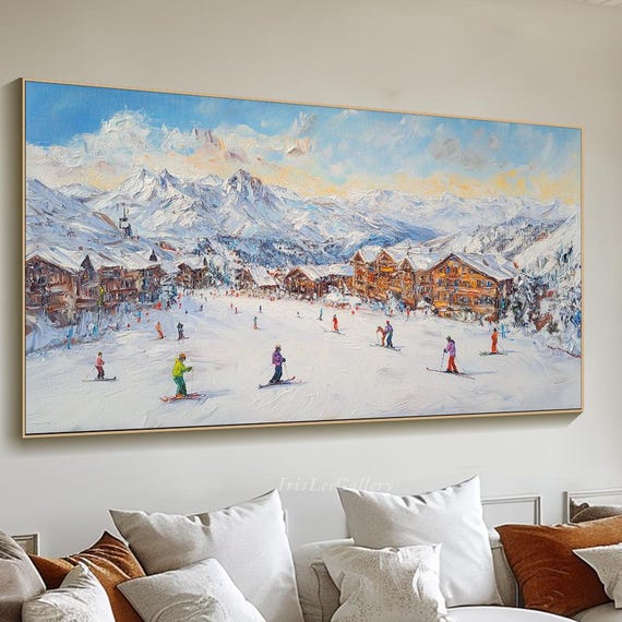Original Ski Sport Painting On Winter Decor Texture Wall Art Personalized Gift Skier On Snowy Mountain Art White Snow Skiing Art