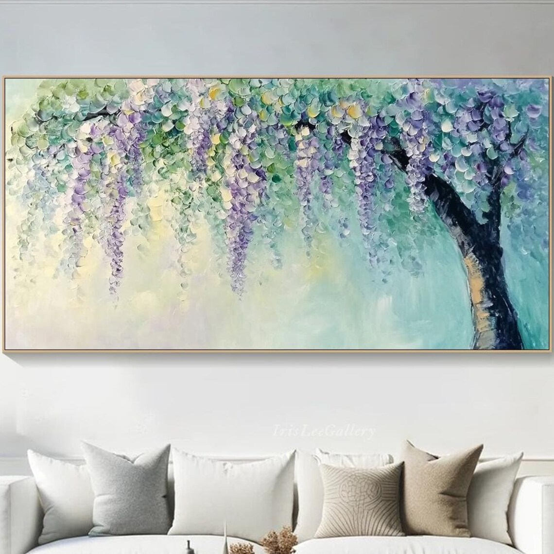 Purple Wisteria Cascade Blossom Tree Floral Painting Wall Art
