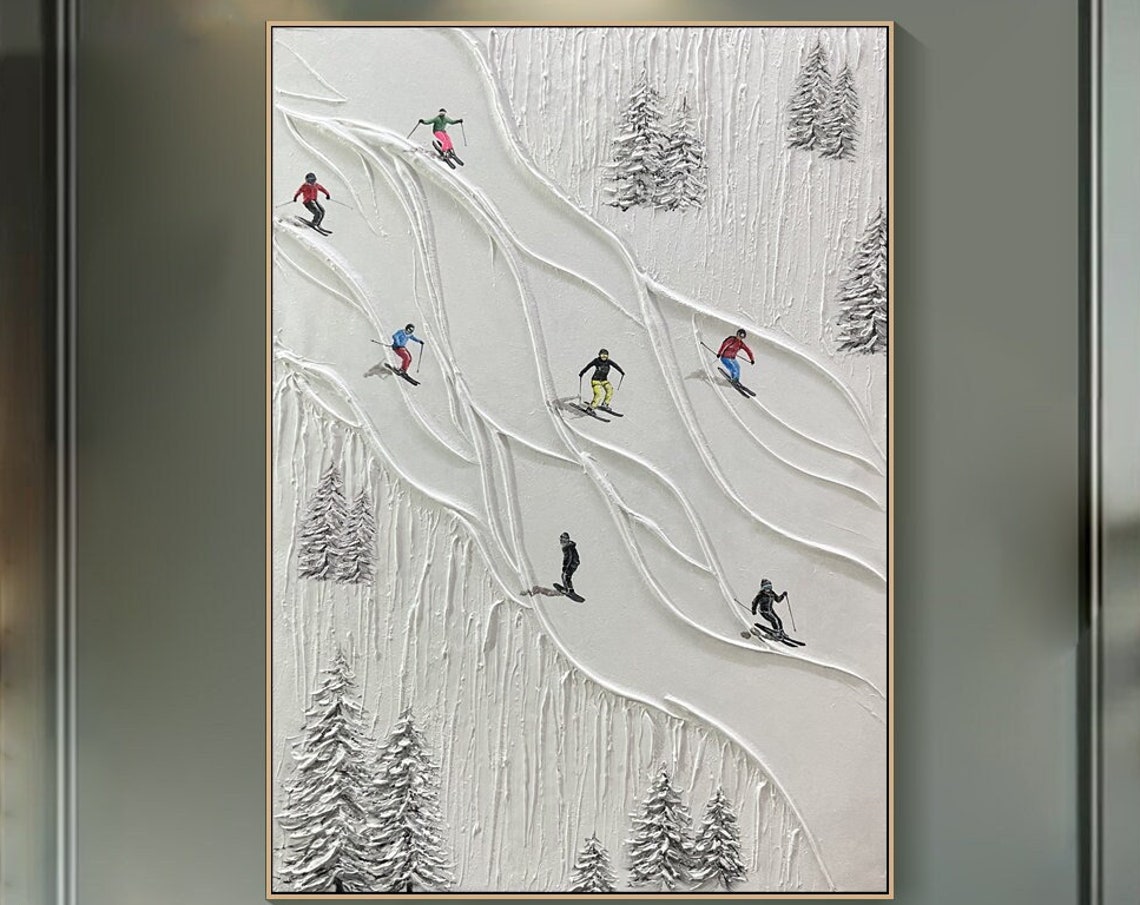 Minimalist White Plaster Skiers Descending Snow Slope Wall Art