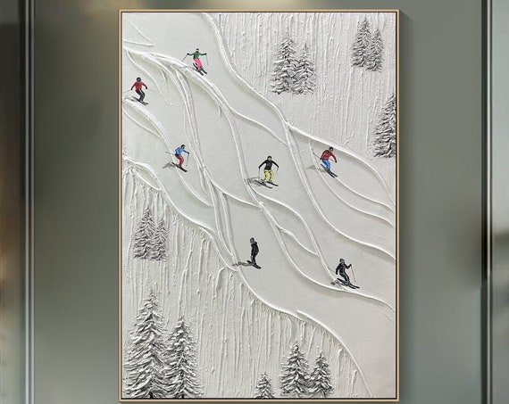 Original Framed 3d Skiing Sport Art Plaster Style Textured Wall Art Personalized Gift For Skiers White Snowboards Paintig Skier Painting
