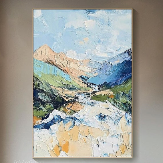 Large 3d Textured Mountain Wall Art Impressionist River Valley Painting On Unique Wilderness Living Room Wall Art Nature Inspired