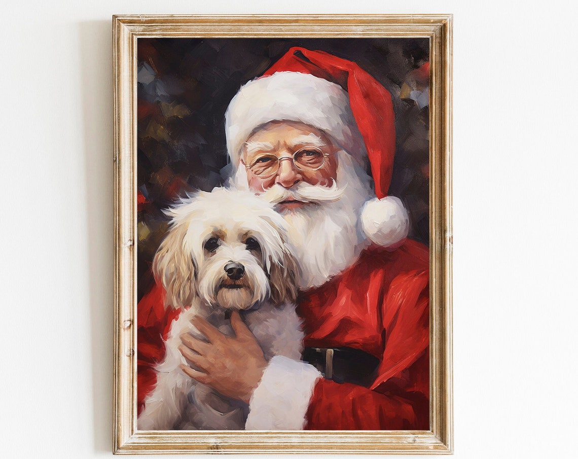 Santa Claus Holding White Puppy Christmas Portrait Holiday Poster