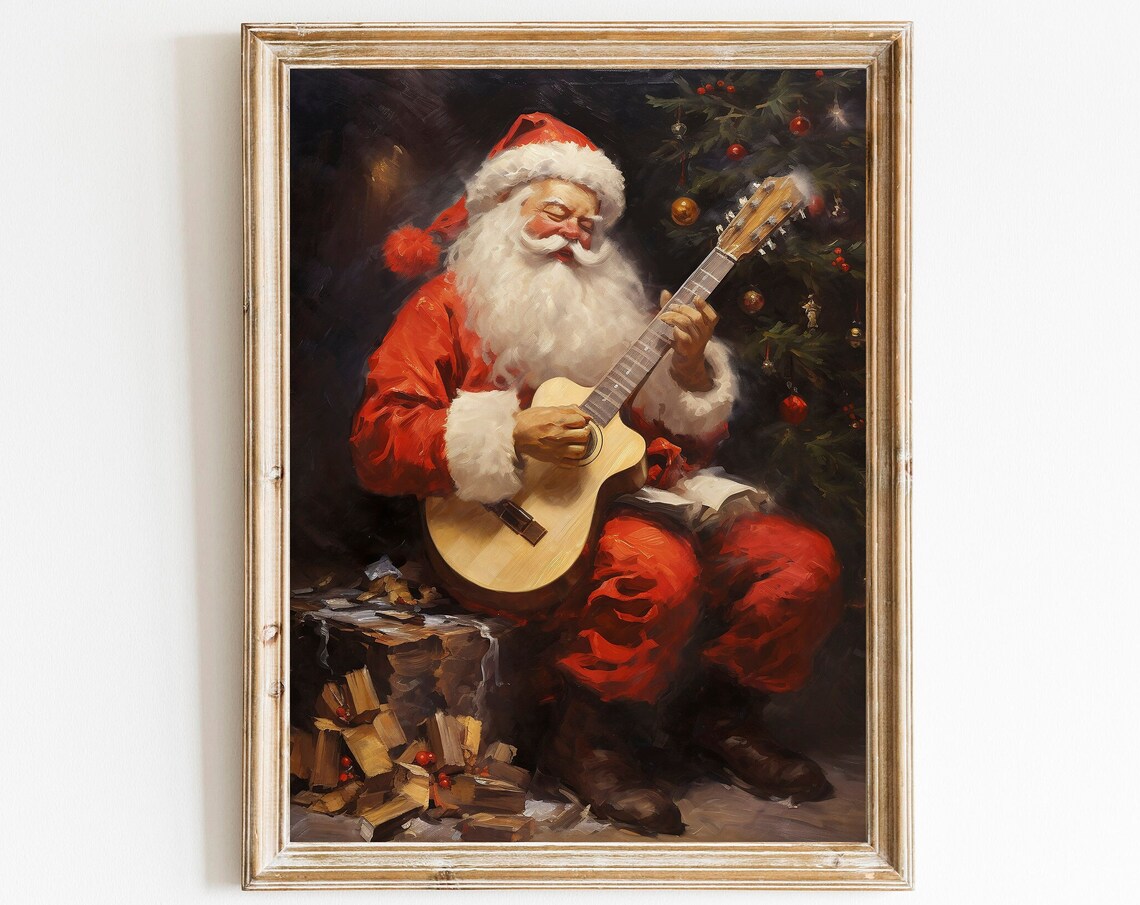 Santa Playing Guitar Vintage Christmas Art Print