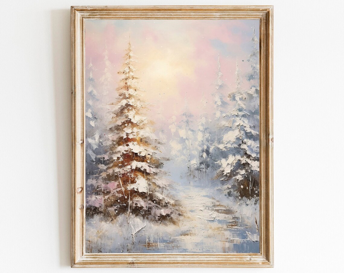 Snowy Pines at Pastel Sunrise Vintage Winter Forest Painting Poster