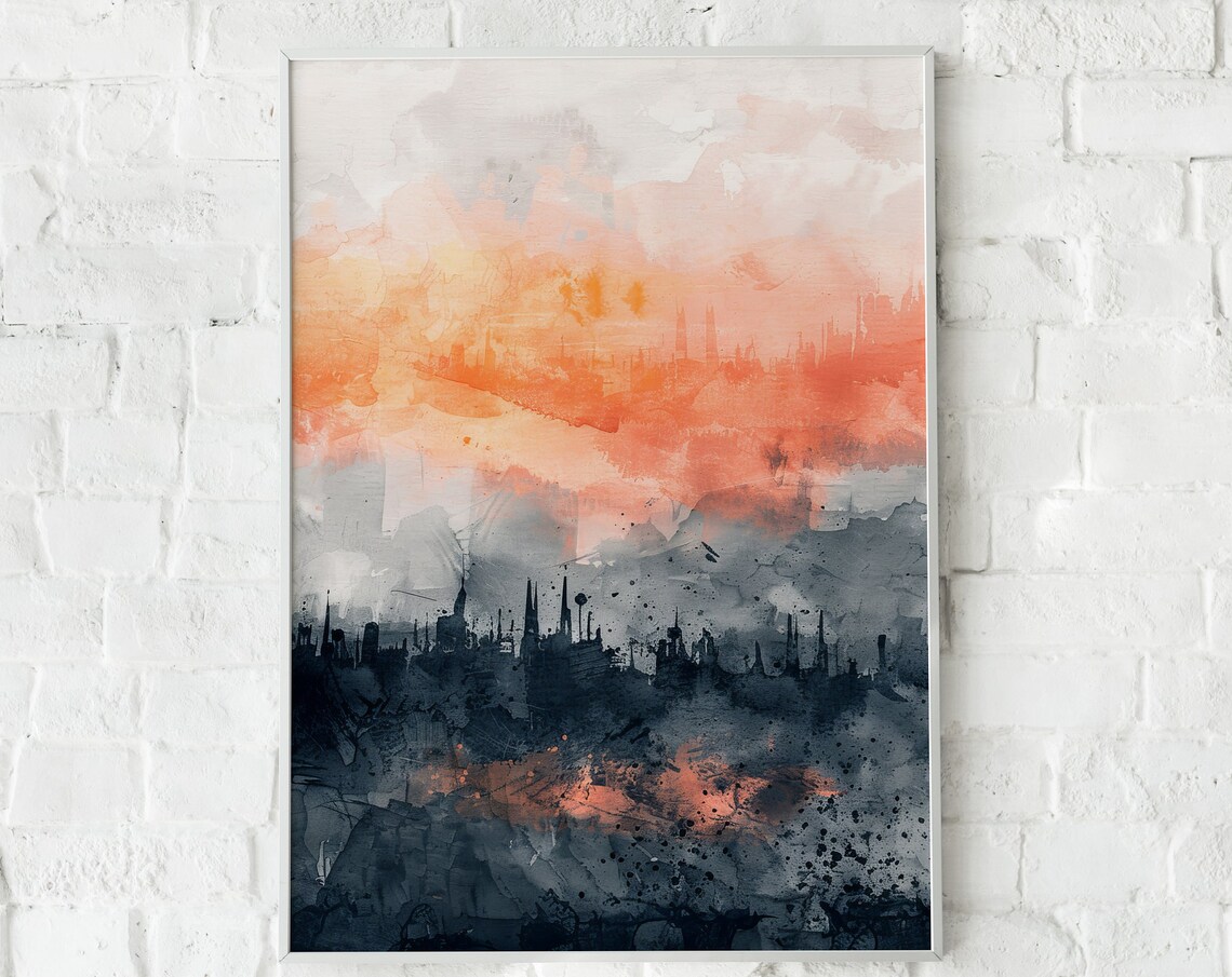 Dark City Skyline Watercolor Orange Sky Abstract Scene Poster - Image 4