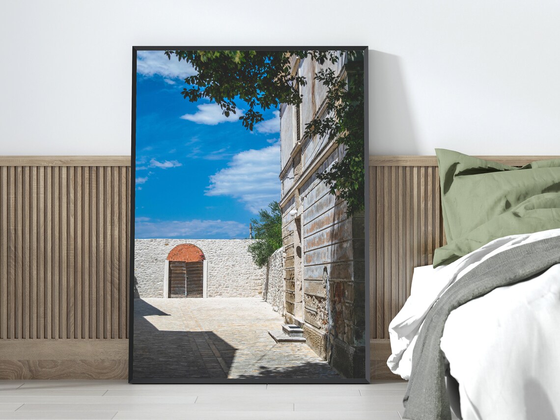 Sunlit Old Stone Street Courtyard White Walls Photography Poster - Image 4