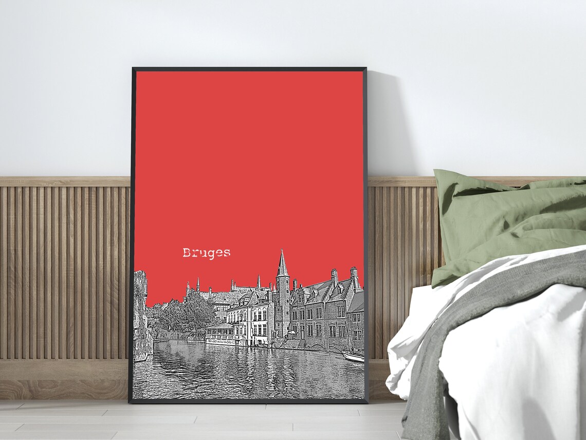 Bruges Belgium Canal Color Block Poster With Custom Sky Color - Image 3