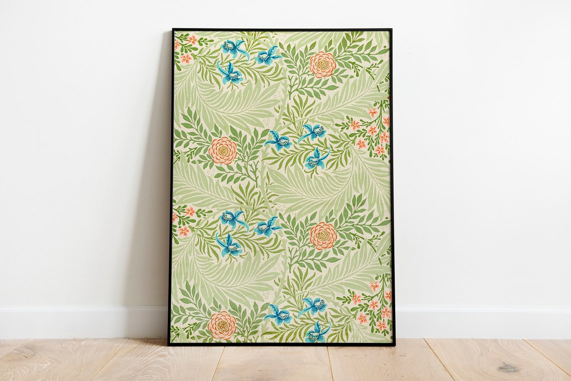 William Morris Style Botanical Floral Pattern Green Leaves Wall Print