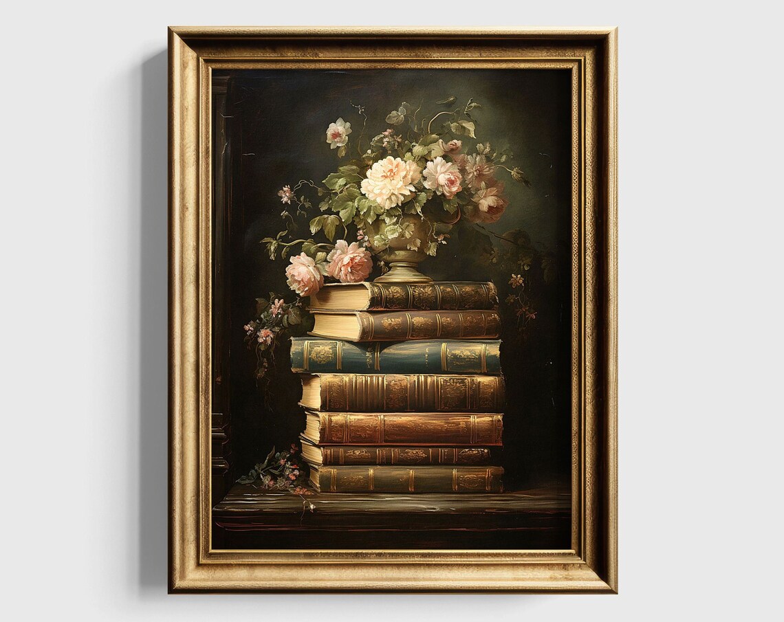 Moody Dark Academia Stacked Books With Blush Roses Vintage Still Life Poster - Image 6