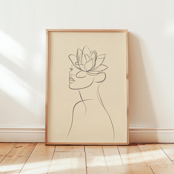 Lotus Woman Line Art, Minimalist Scandinavian Decor