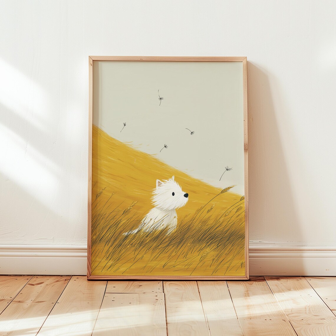 Fluffy White Puppy Golden Wheat Field Watercolor Dog Art Poster