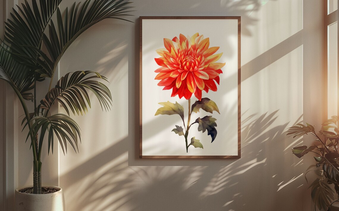 Vivid Sunset Orange Dahlia Flower Watercolour Botanical Art Poster - Image 6