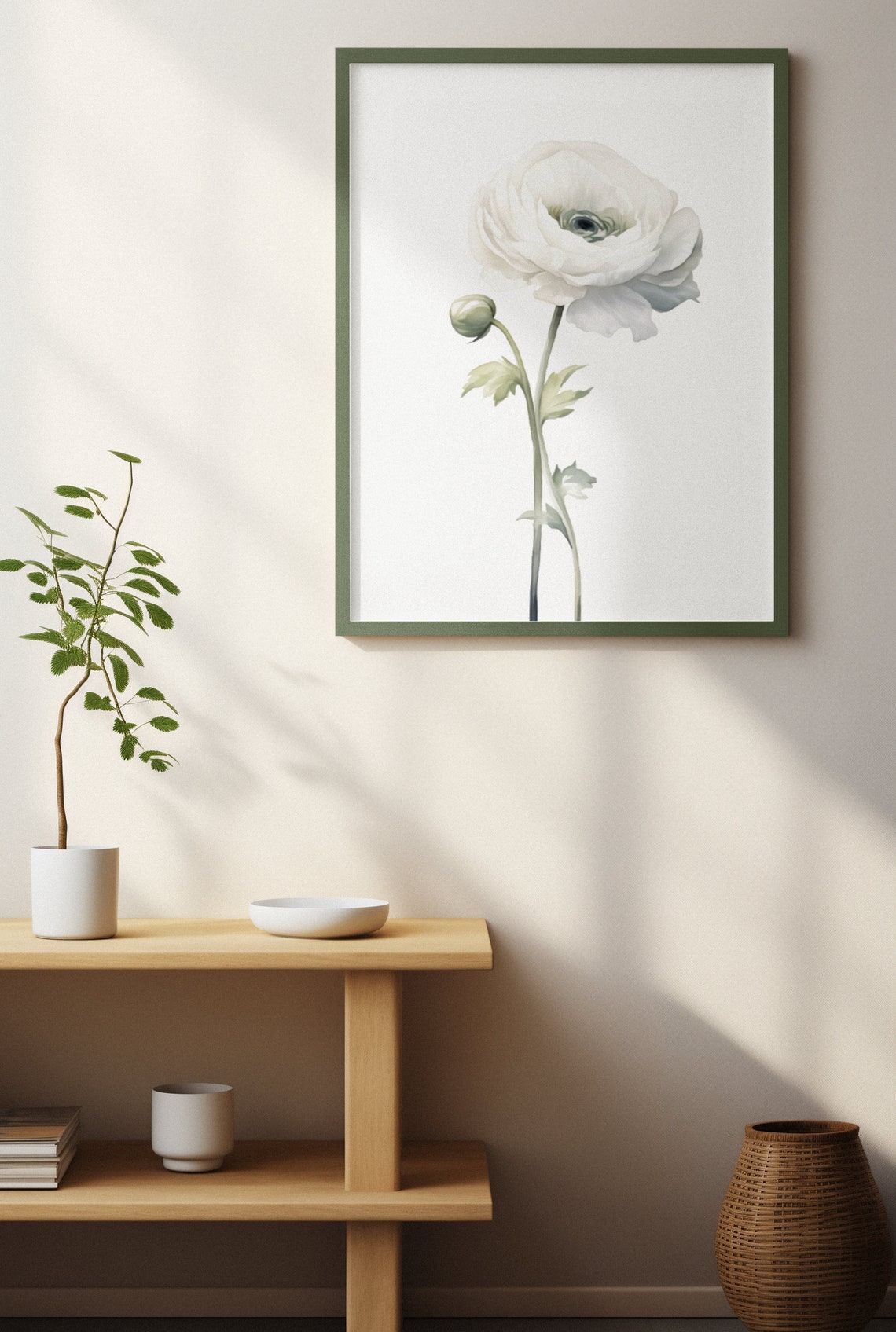 White Ranunculus and Bud Watercolour Botanical Flower Poster - Image 2