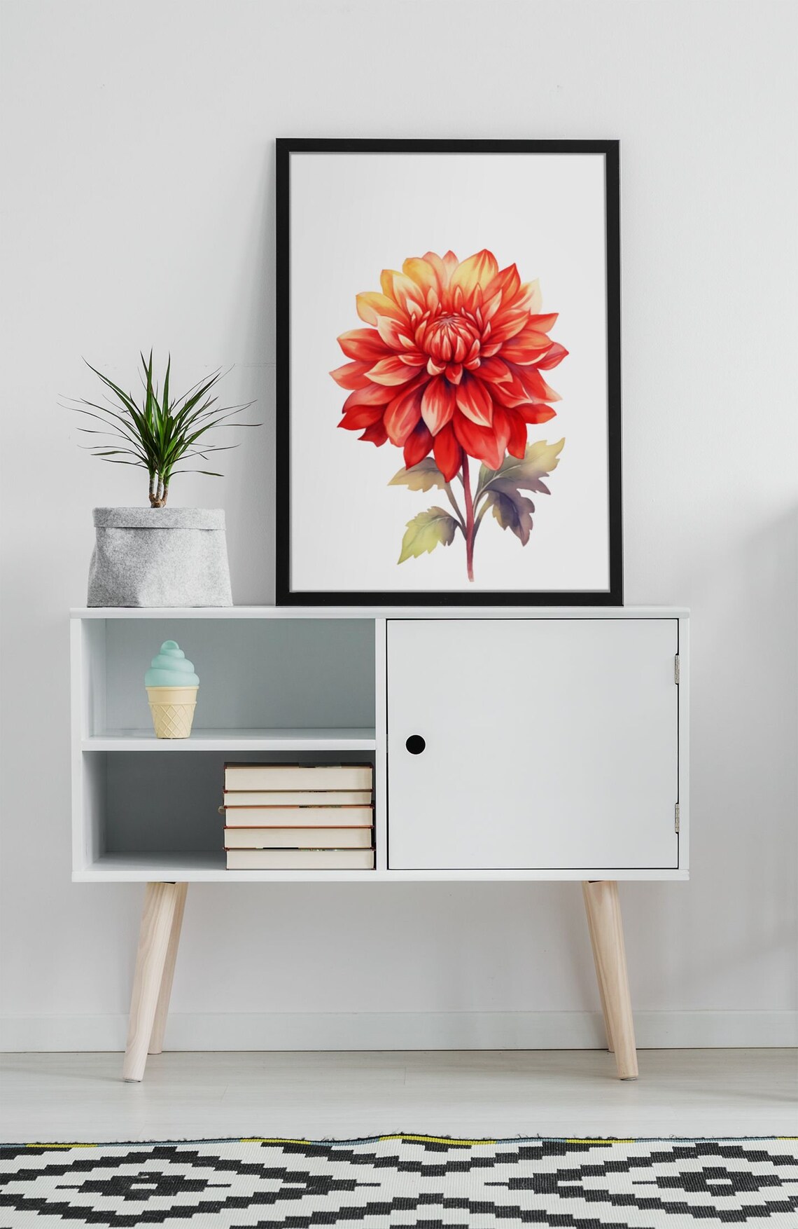 Flame Red Orange Dahlia Golden Tip Watercolour Botanical Art Poster - Image 8