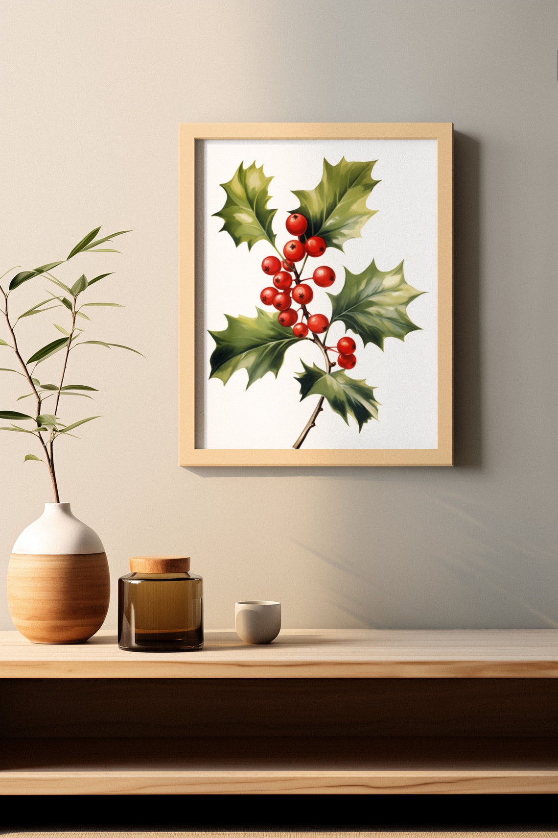 Holly Sprig With Dense Red Berries Festive Watercolor Poster - Image 3