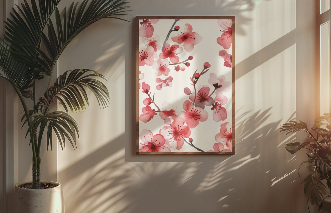 Pink Cherry Blossom Branches Soft Watercolor Floral Botanical Poster - Image 2