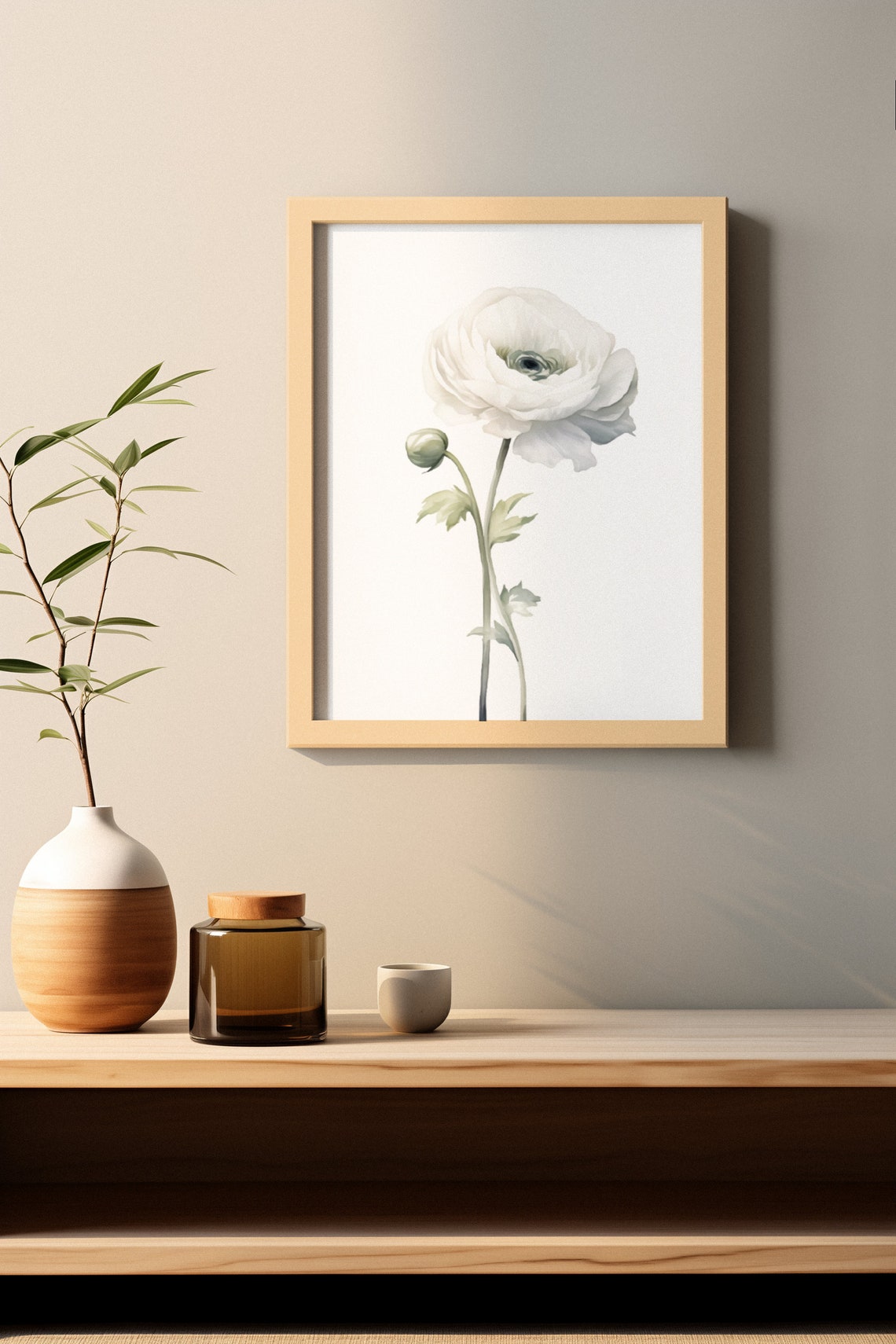 White Ranunculus and Bud Watercolour Botanical Flower Poster - Image 4