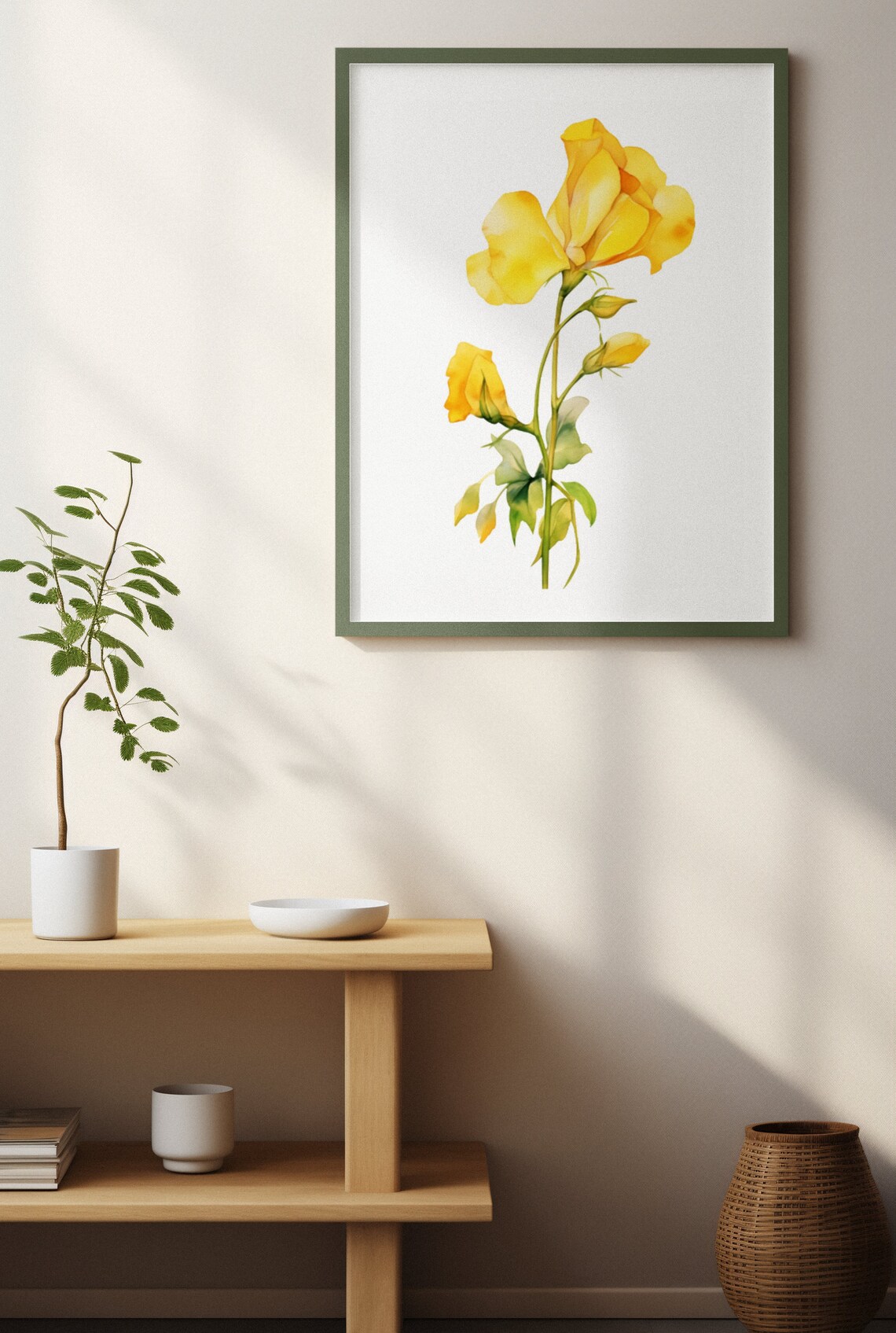 Yellow Sweet Pea Bloom and Two Buds Watercolour Flower Poster - Image 3