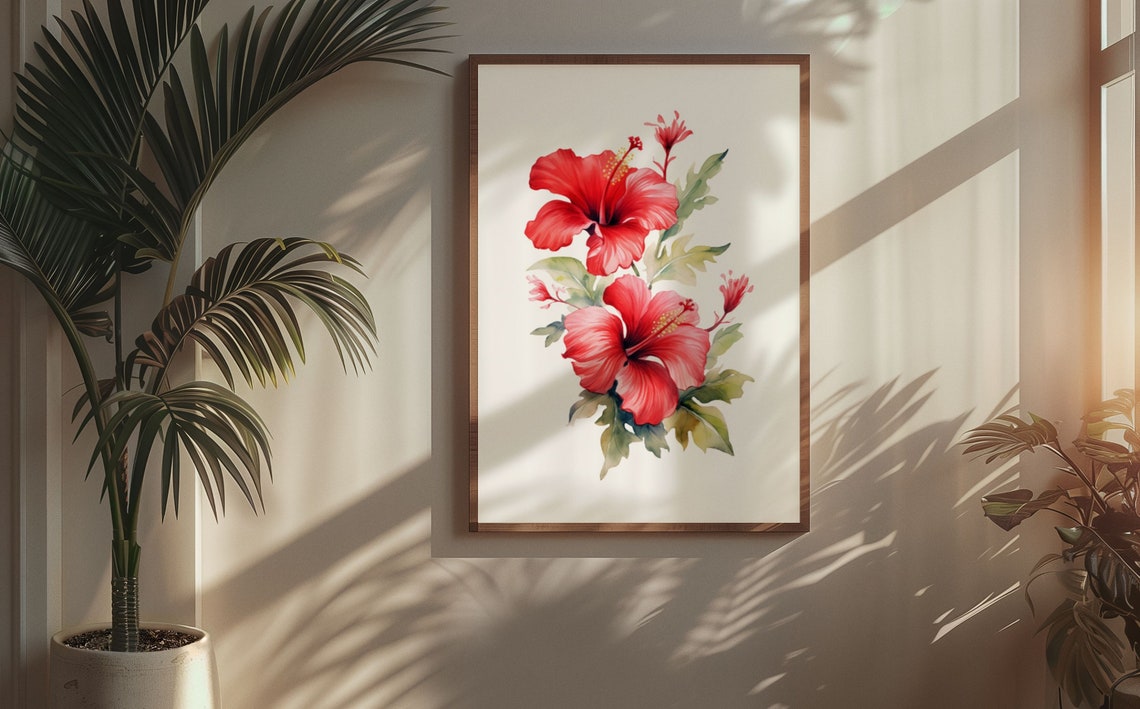 Red Hibiscus Pair With Foliage Exotic Lush Watercolor Art Poster - Image 6