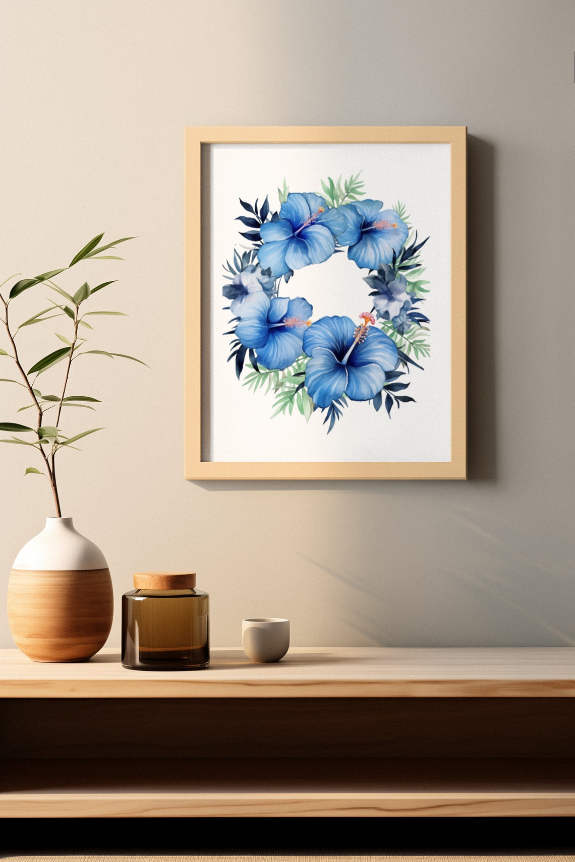Blue Hibiscus Floral Wreath Serene Calming Watercolor Art Poster - Image 2