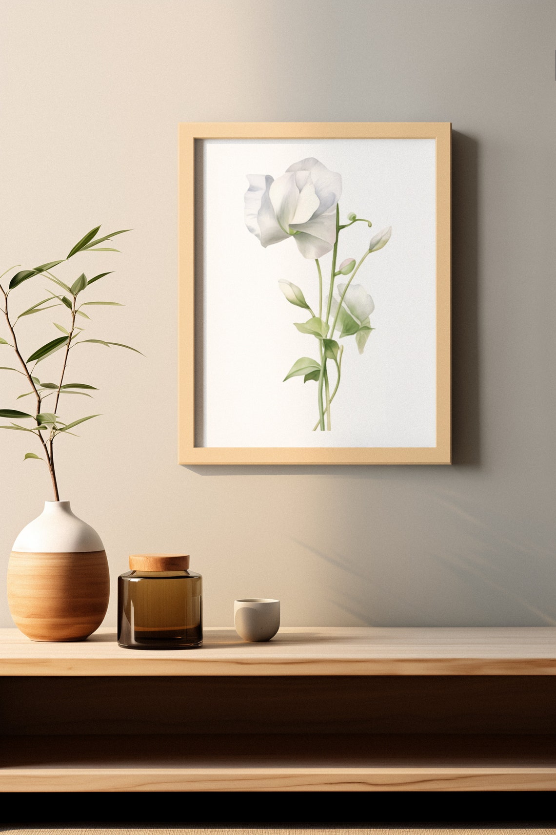 White Sweet Pea Budding Stem Watercolour Botanical Flower Poster - Image 2