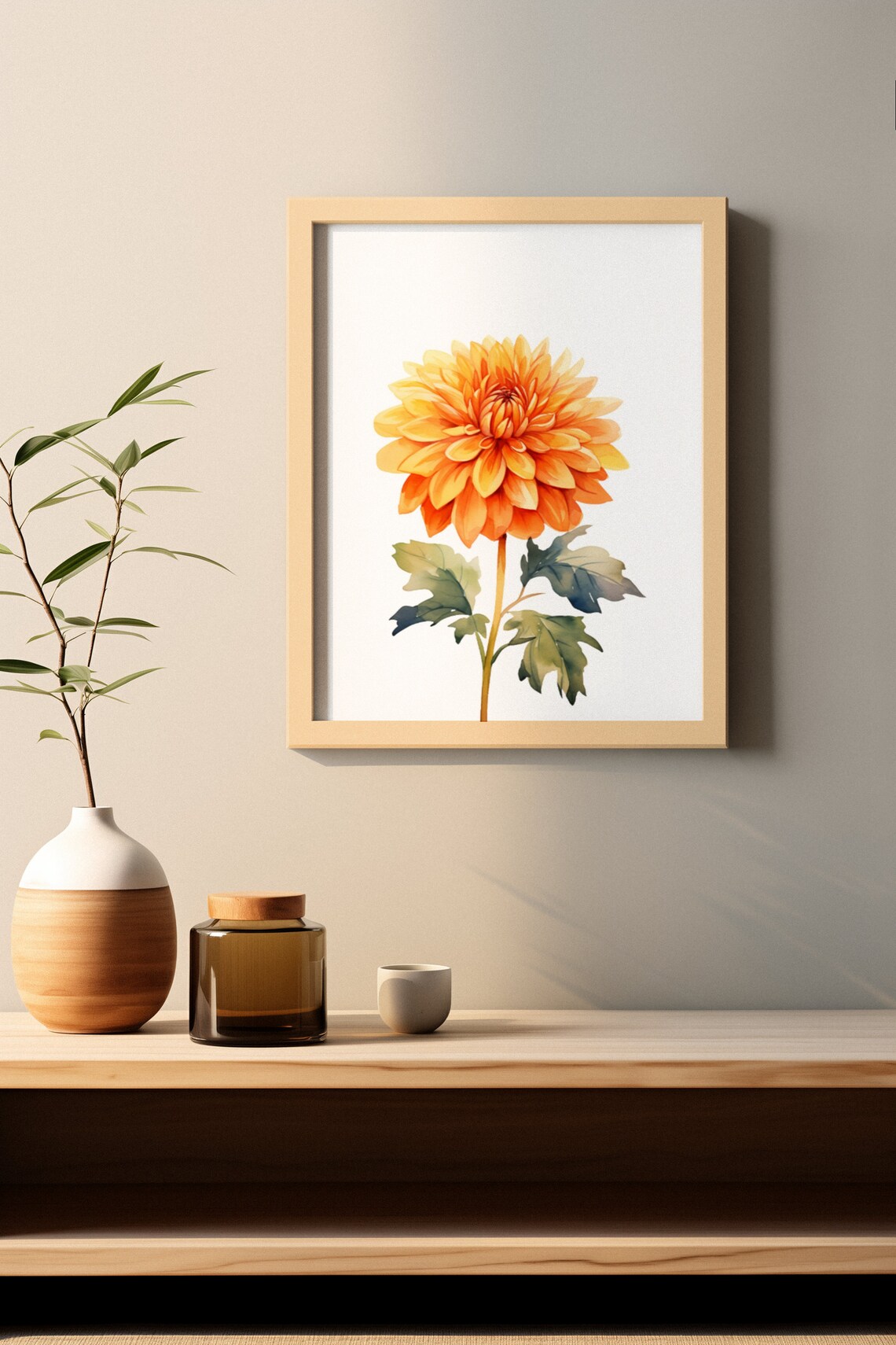 Amber Orange Dahlia Bloom Rich Watercolour Botanical Art Poster - Image 3