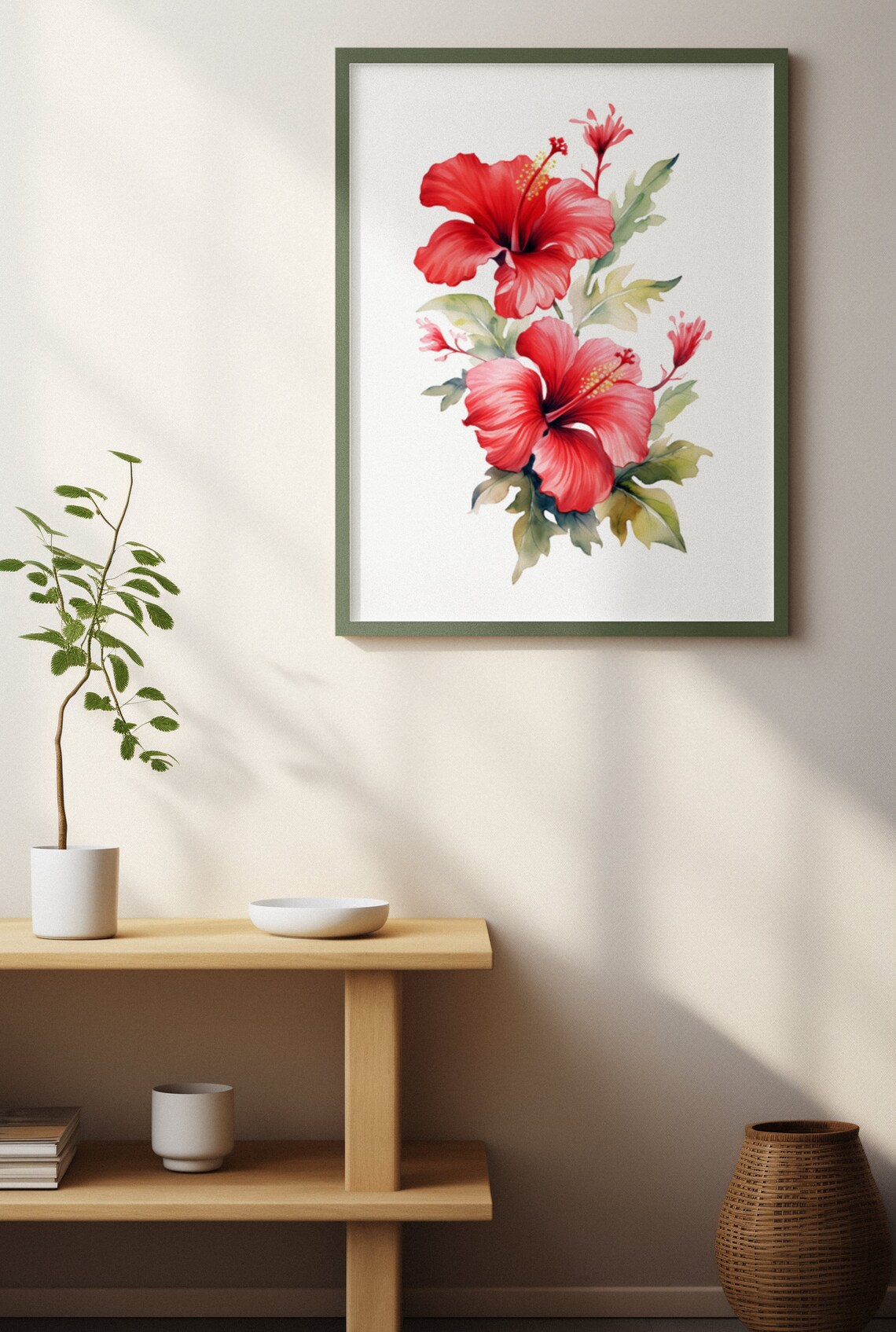 Red Hibiscus Pair With Foliage Exotic Lush Watercolor Art Poster - Image 3