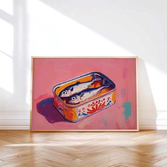 Sardine Tin Wall Art Pink Horizontal Kitchen Poster Dopamine Decor Portuguese Fish Funky Nostalgic Print Physical
