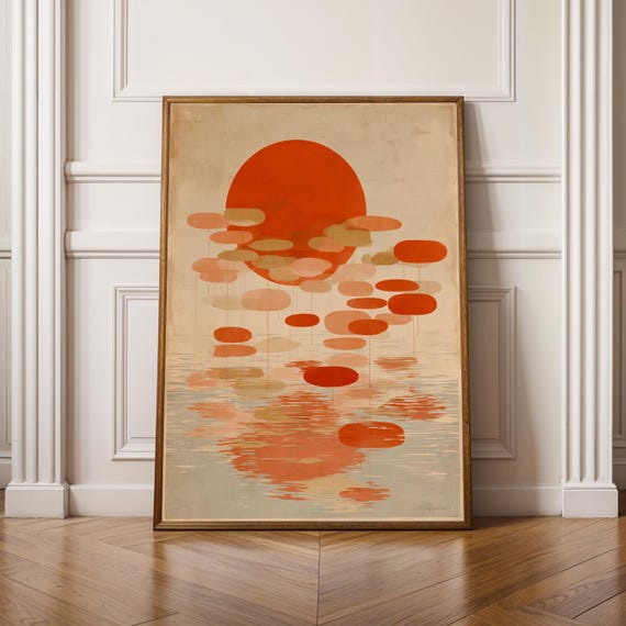 Abstract Red Sun Japan Wabi Sabi Art Print Orange Beige Decor Living Room Wall Gift For Coworker