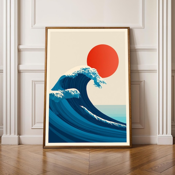 Great Wave Blue Ocean Red Sun Bold Japanese Style Art Poster