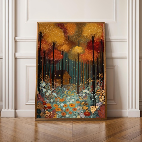 Autumn Forest Cabin Wildflower Meadow Cozy Rustic Cottage Wall Art View