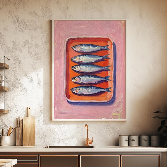 Sardine Can Mediterranean Kitchen Wall Art Print Warm Tone Oil Painting Poster For Fish Lovers