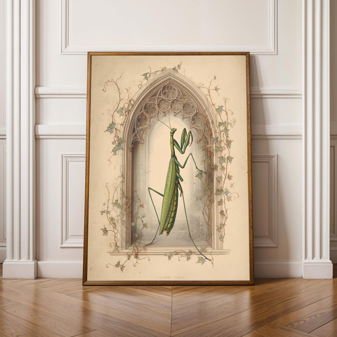Green Praying Mantis In Gothic Arch Vintage Entomology Poster
