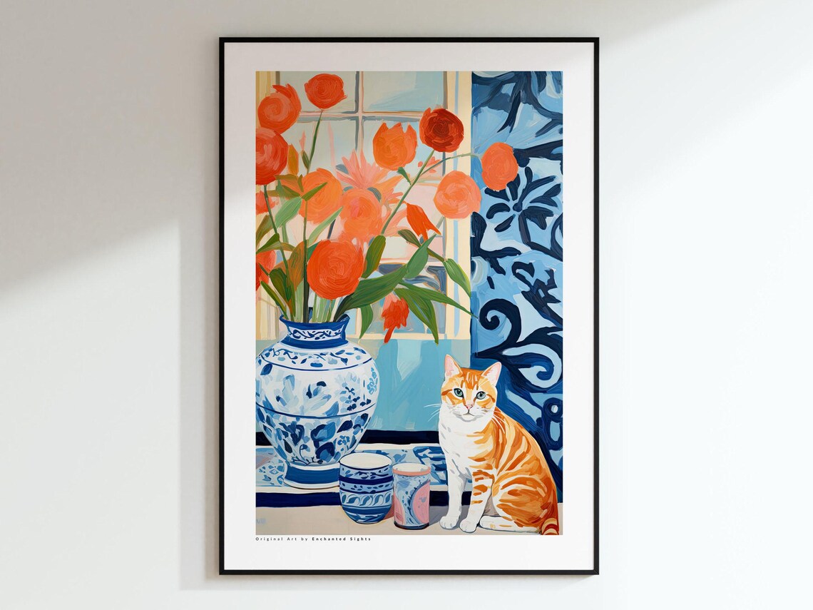 Orange Tabby Cat with Tulips and Blue and White Porcelain Vase Poster