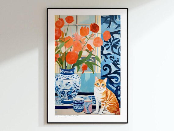 Orange Tabby Cat with Tulips and Blue and White Porcelain Vase Poster