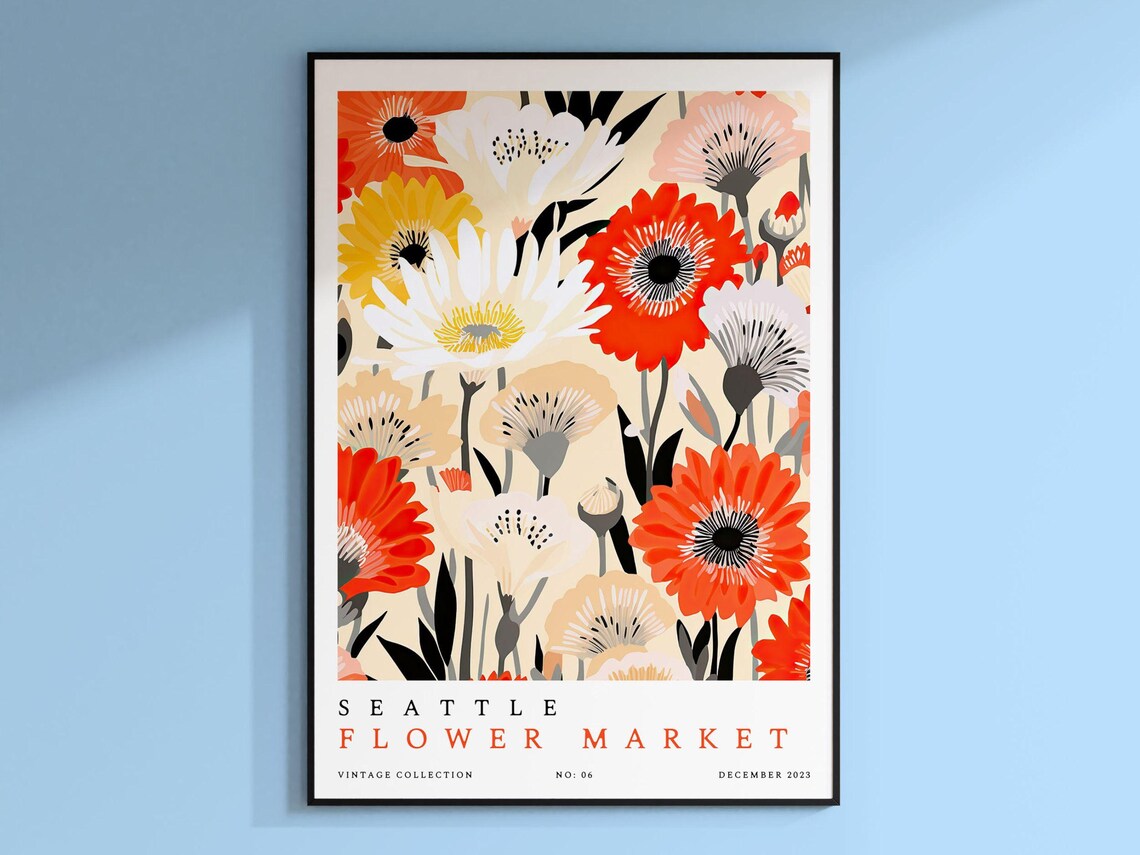 Flower Market Seattle Botanical Floral Travel Poster