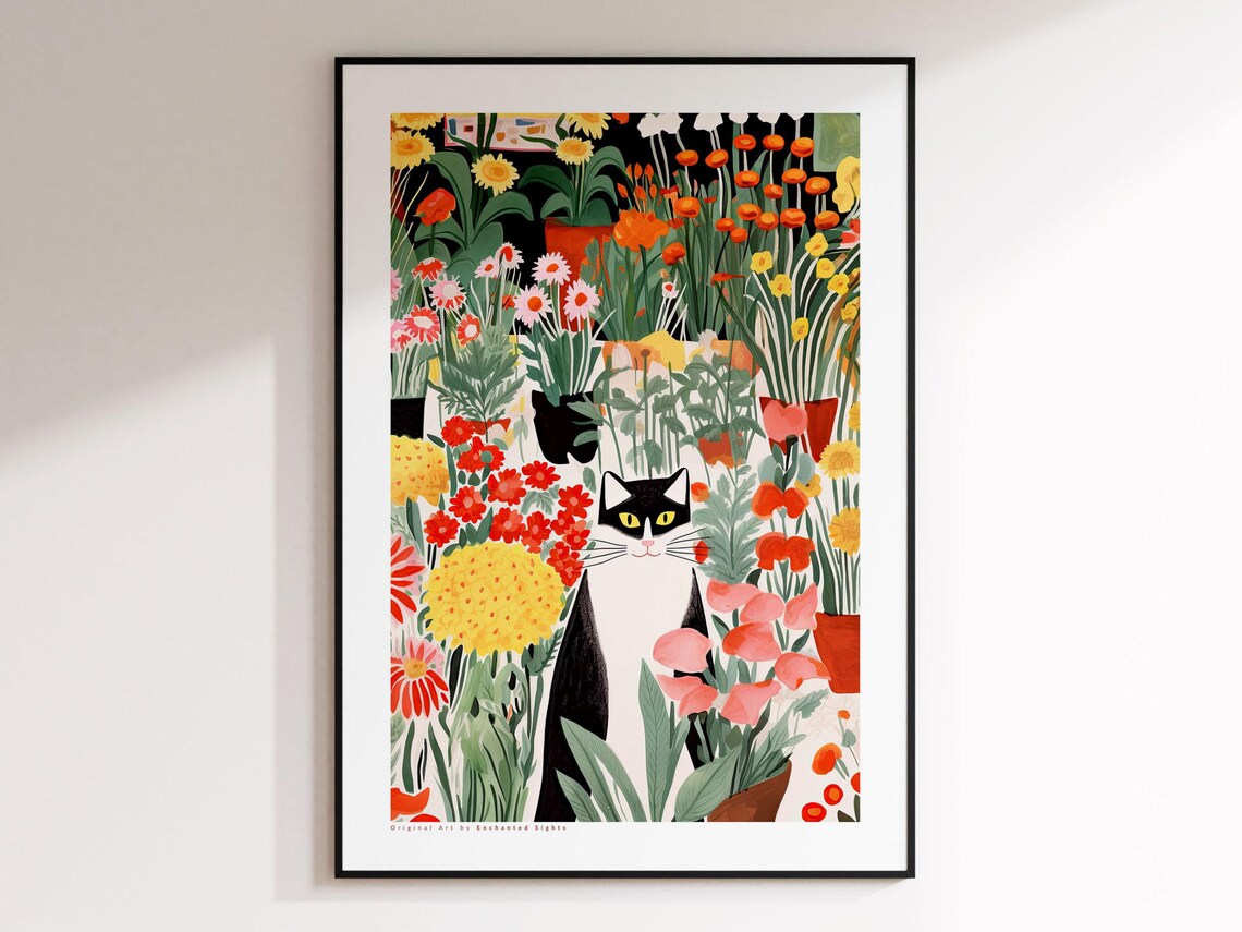 Charming Tuxedo Cat Standing Among Bold Red And Yellow Blooms Poster
