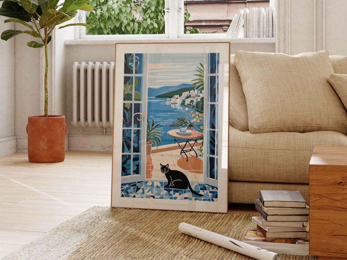Black Cat On Blue Tiled Balcony Overlooking The Sea View Poster - Image 2